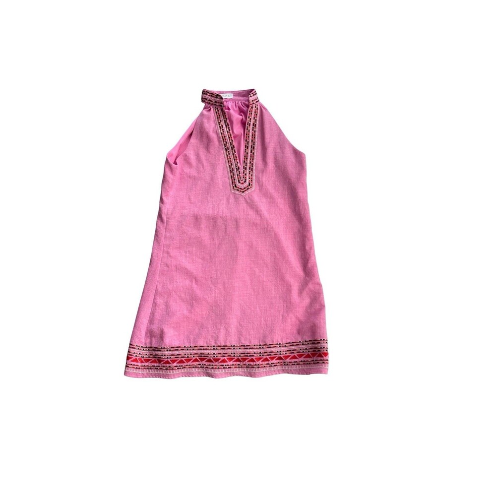 THML Women’s Pink Embroidered Halter Dress Size Small Sleeveless Boho Shift